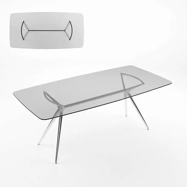 MILAN table. Table top – tempered tinted glass Trasparente Grafite. Base: aluminum, steel – Chrome finish.