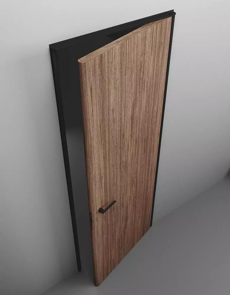 TONDA, natural Noce Americano veneer, aluminum door frame and handle in Black.