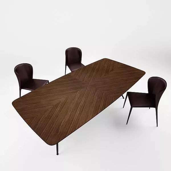 MILAN table. Table top – natural veneer Rovere Tobacco in the Vox layout. Base: aluminum, steel–Dark Brown finish.