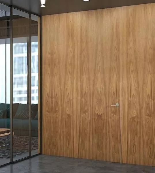COVER, natural veneer Noce Europeo. Wall panels and door FILO–60, Alu in single finish.