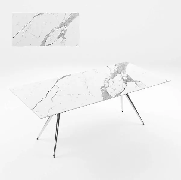 MILAN table. The table top is a universal composite wear–resistant material Marmo Bianco. Base: aluminum, steel – Chrome finish.