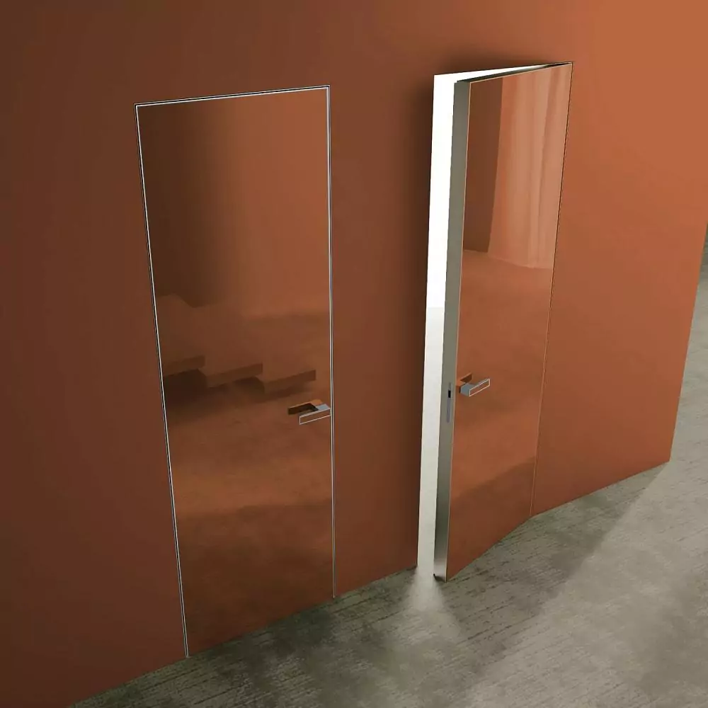 LAGO–60, glossy glass, painted according to RAL. Hidden door frame, aluminum canvas frame and handle in Chrome Matt finish.